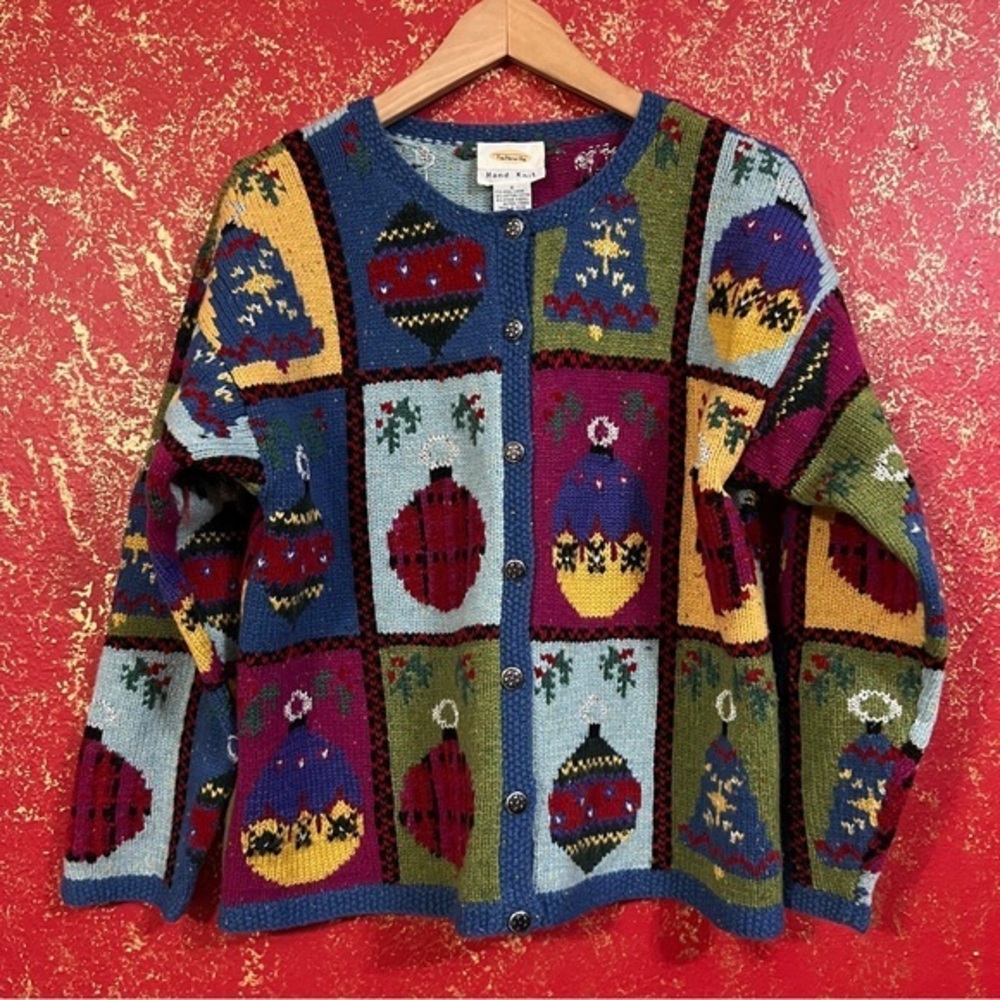 Talbots Vintage Hand Knit Holiday Lights Ornaments Bells Sweater Cardigan S